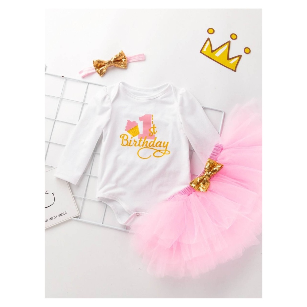 White Pink 3 Piece Onsie Tutu Skirt 1 Birthday Set - Picture 6 of 8